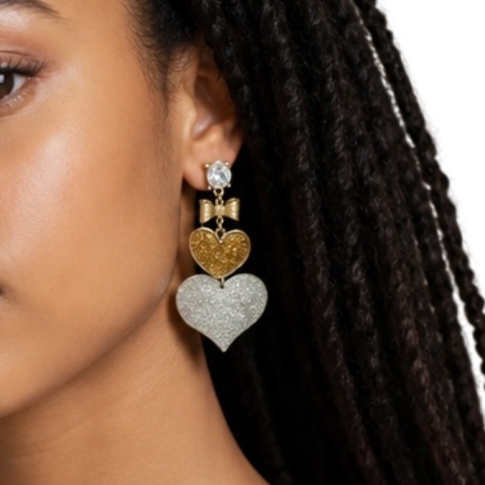 Gold and Silver Glitter Heart Bow Tiered Statement Drop Earrings Post Back